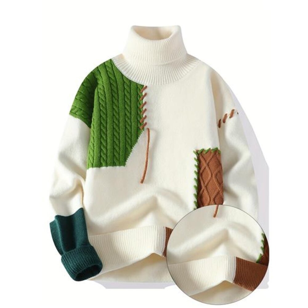 Men's Slim Fit Geometric Pattern Knit Pullover Sweater - High Neck Long Sleeve,